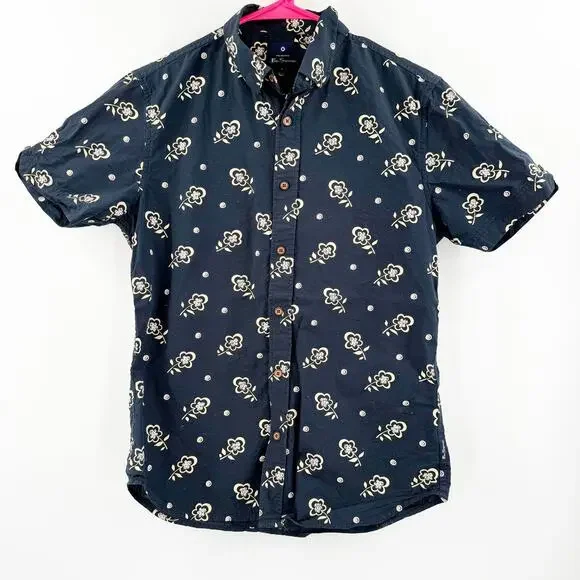 Ben Sherman Neps Shirt Small Floral Print Button Down Navy Cotton Short Sleeve - Picture 2 of 13